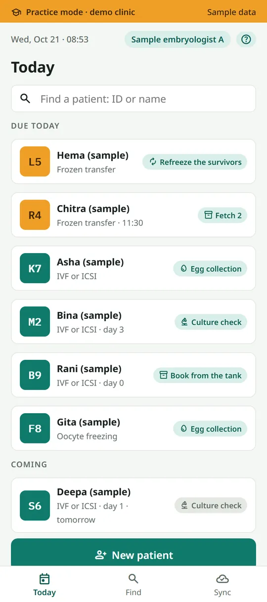 The bench app's Today screen in the demo clinic: sample cases, each with its next step, such as egg collection, culture check or fetch.