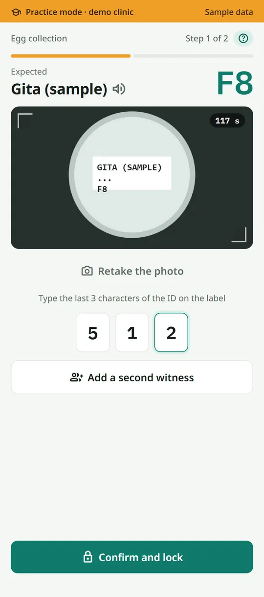 A witness step in the demo clinic: the photo of a sample label, and the last three characters of the ID typed in before the step is confirmed.